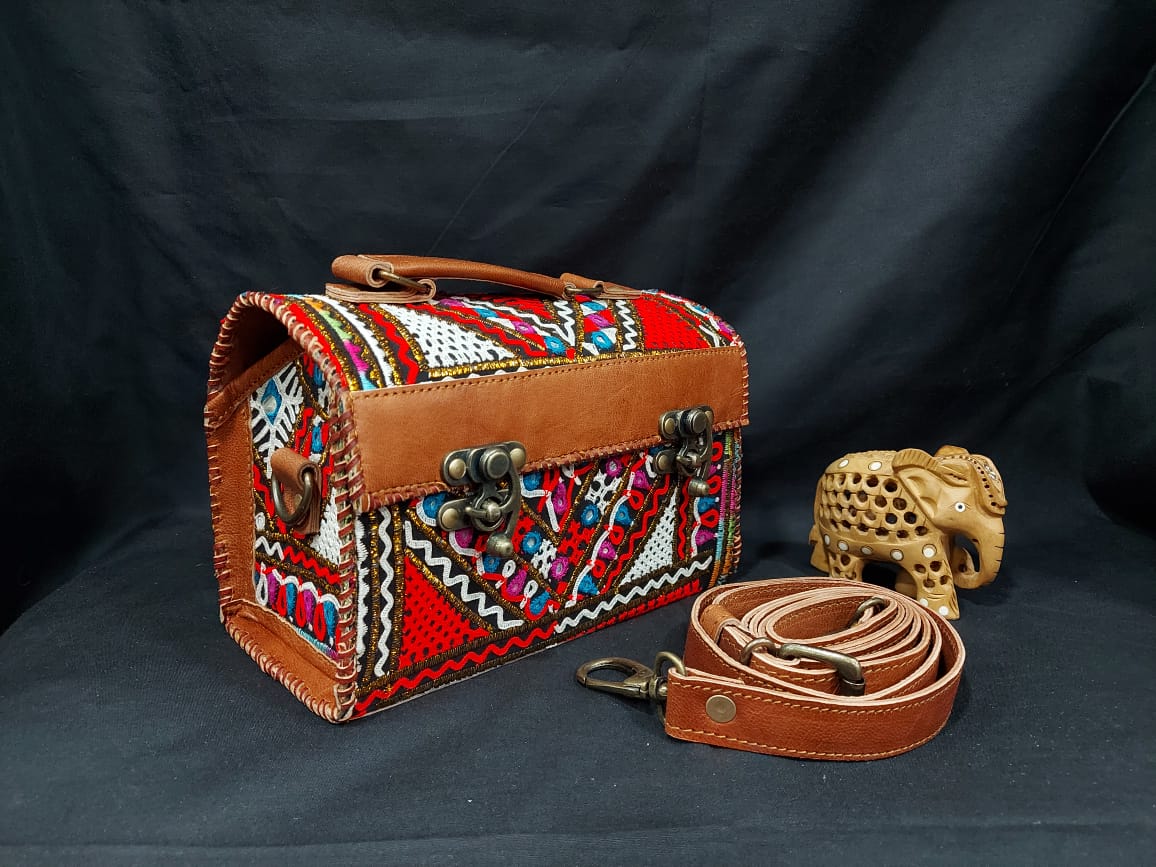 Buy Kutchi Leather Craft online | Kutchi Leather Mashru silk Handbag