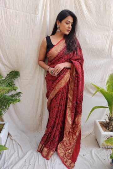 Ajrakh Hand Block Print Saree