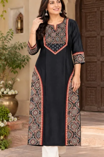Mirror Work Mashru Silk Ajrakh Kurta